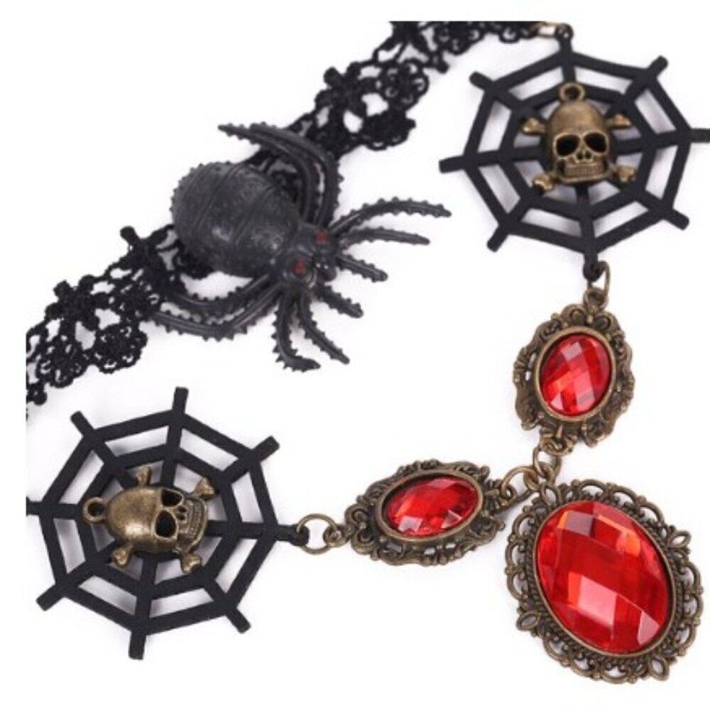 Gothic Spider Web Lace Choker Necklace Ruby Red Crystal Halloween Cosplay